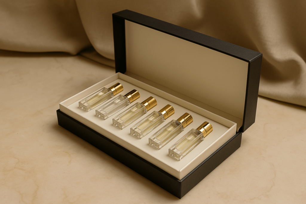 Coffret de parfums en petits formats posé sur une surface en marbre beige