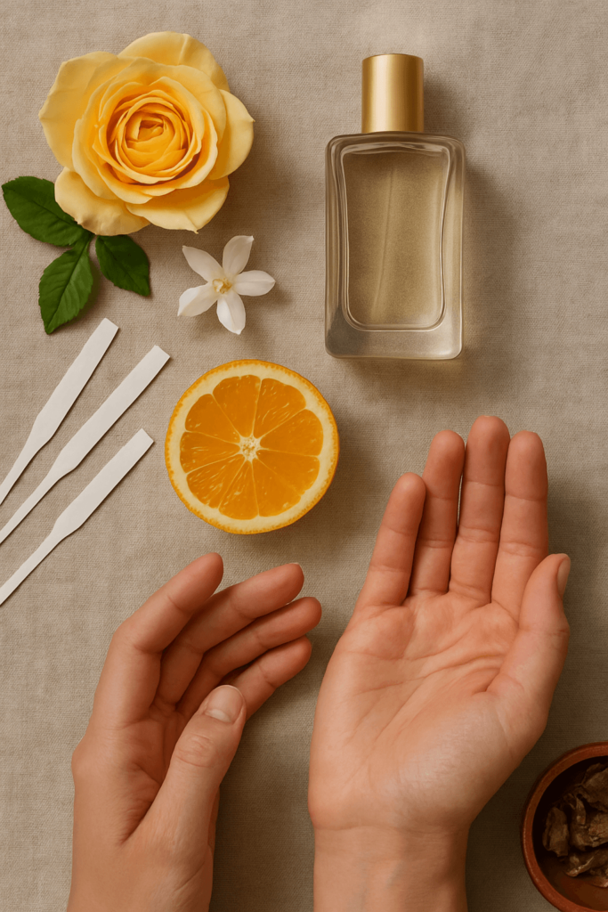Main ouverte, flacon de parfum, fleurs et agrume posés à plat pour une expérience sensorielle de test olfactif